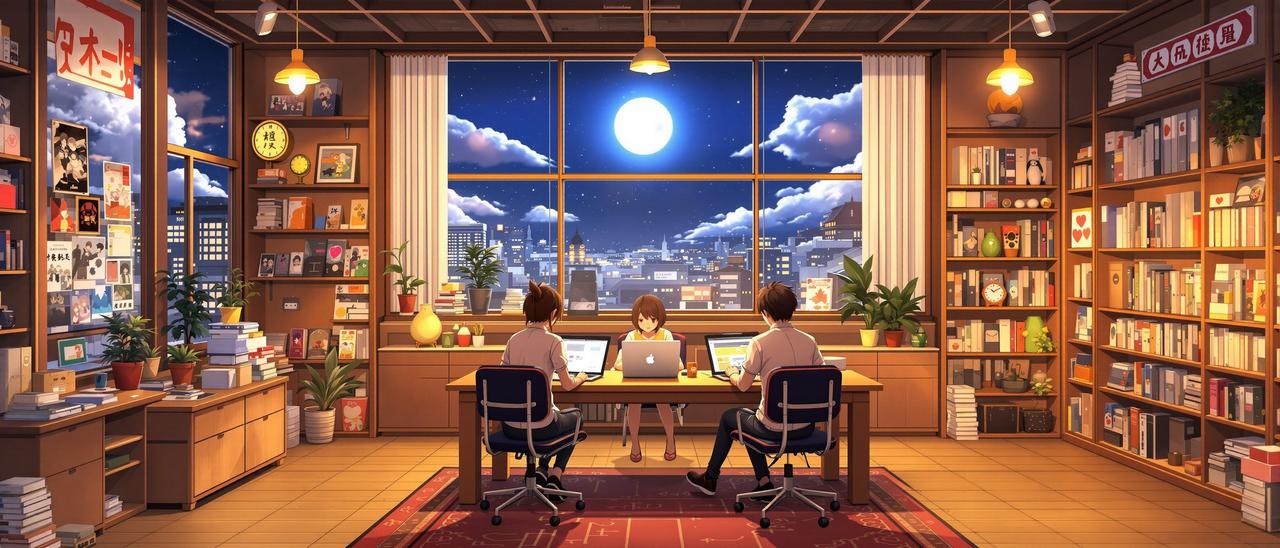 里番动漫推荐团队工作场景 - 月光下的动漫编辑部，充满番剧海报与温暖灯光